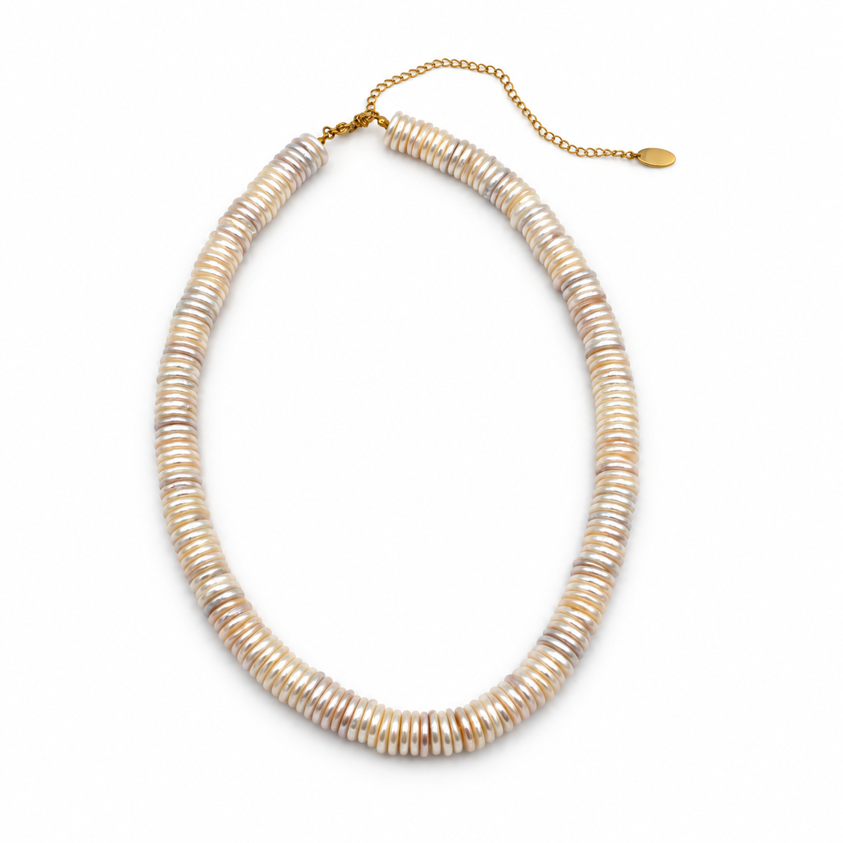 A chunky beaded necklace made of stacked metallic silver discs, with a gold-toned extender chain and clasp