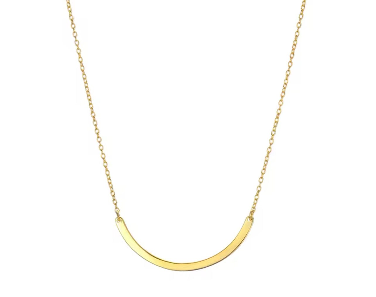 A gold-colored stainless steel necklace with a simple bar pendant, featuring an adjustable chain.
