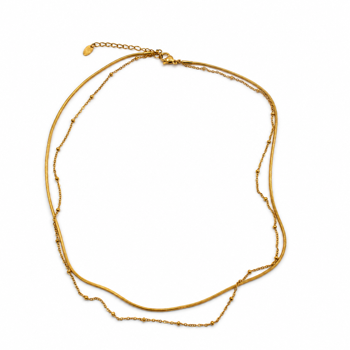 A gold-toned double-layered beaded necklace with a textured snake-style chain and an adjustable chain extender, displayed on a clean white background.
