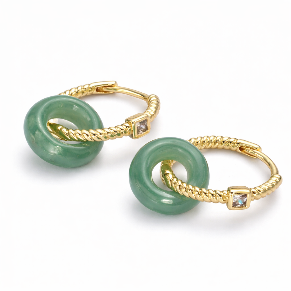 Gold hoop earrings with green jade stones 