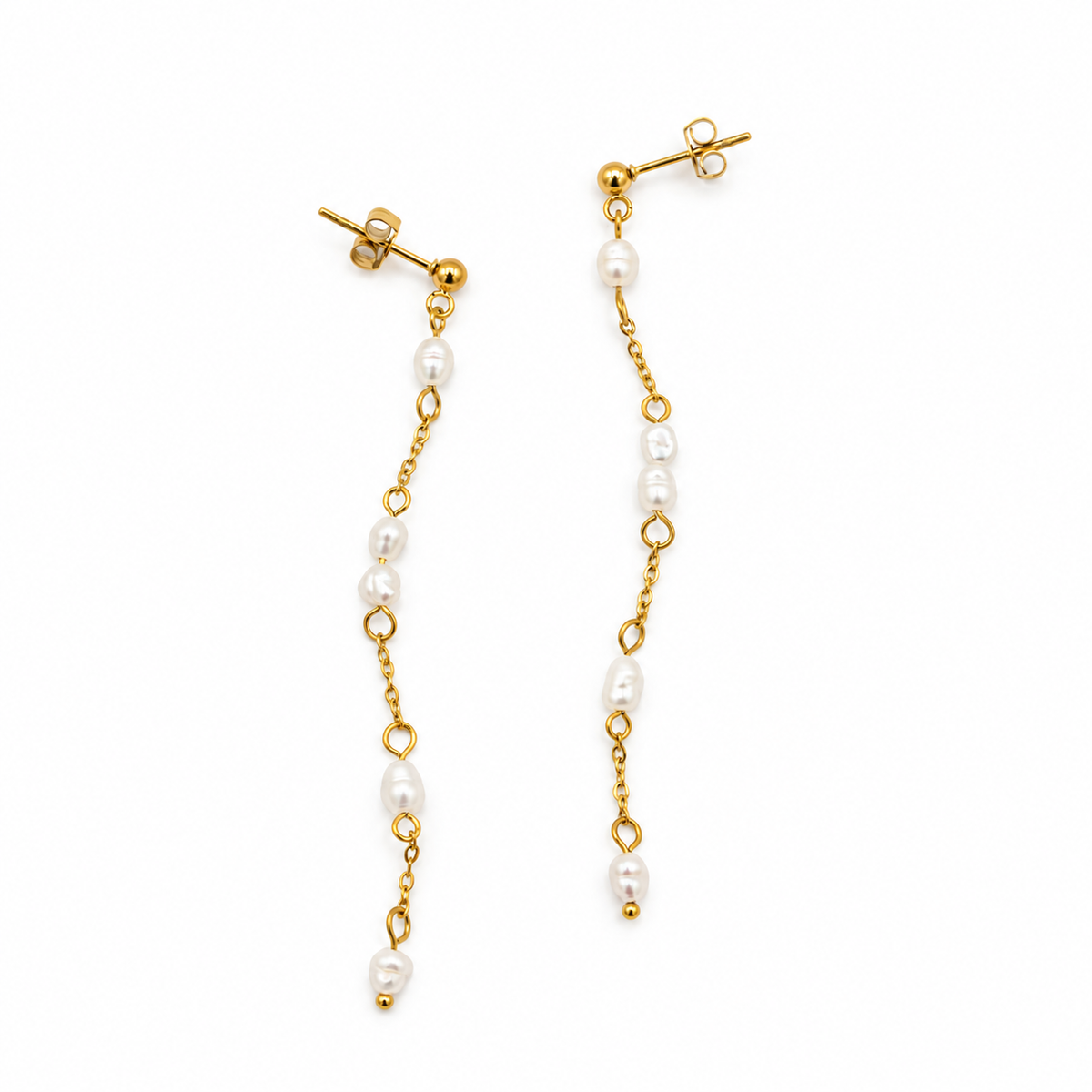 A pair of gold dangle earrings with irregular white freshwater pearls