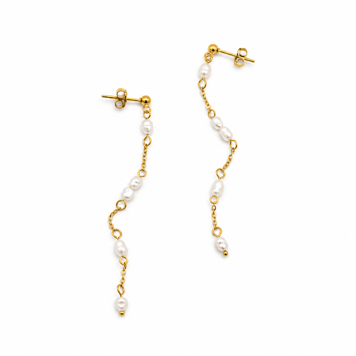 A pair of gold dangle earrings with irregular white freshwater pearls