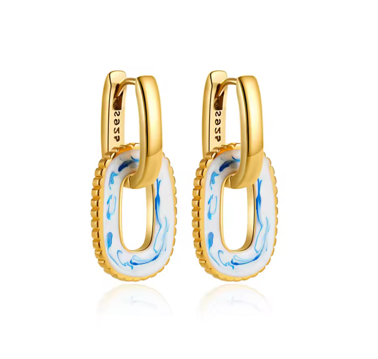 Gold hoop earrings with blue and white design