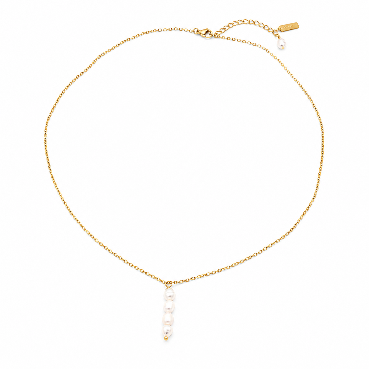A delicate gold chain necklace featuring a vertical drop of four small white pearls at the center, with an adjustable gold clasp and extender chain 