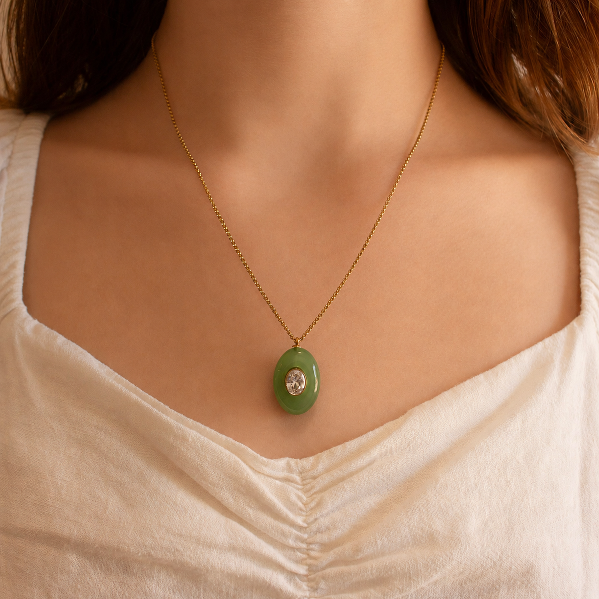 Green Stone and CZ Oval Charm Necklace