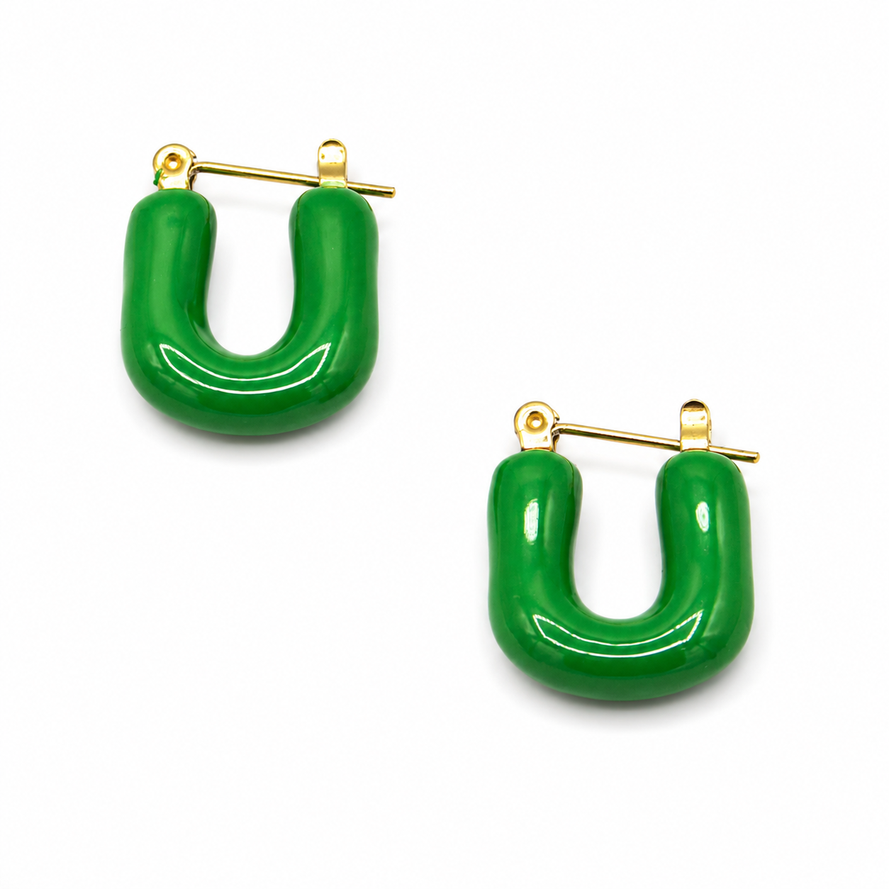 A pair of green U-shaped hoop earrings with gold-tone posts