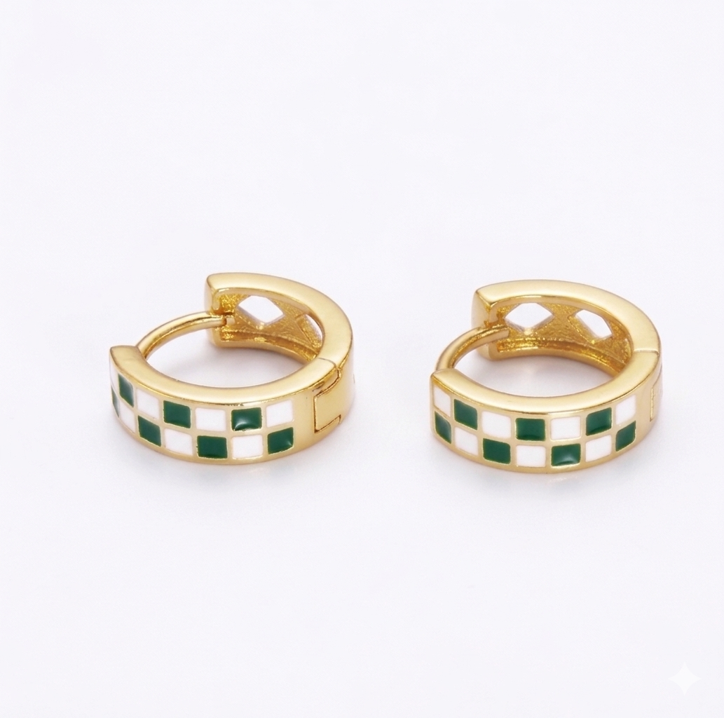 Green Checkered Huggie Hoops