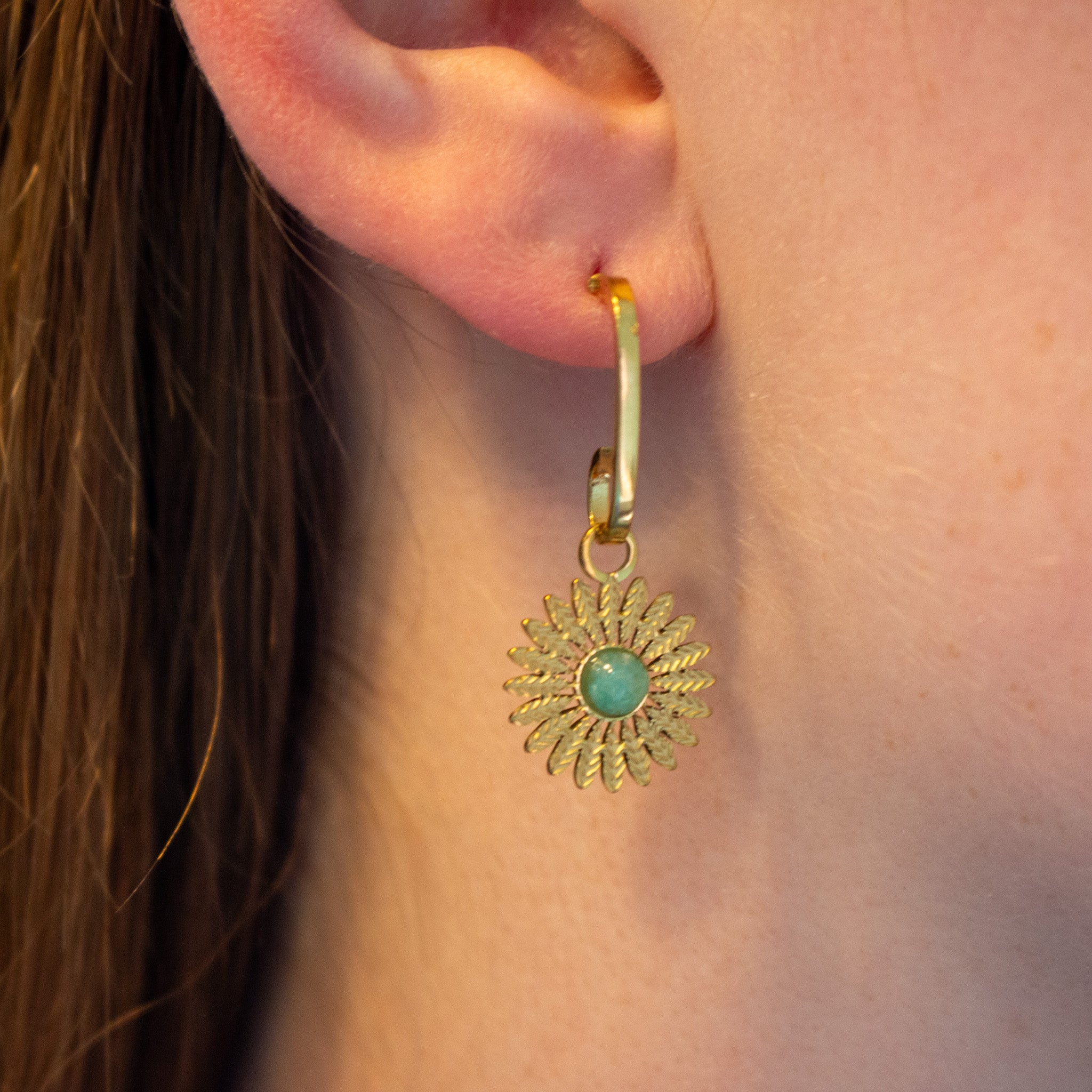 Sunflower and Teal Golden Earrings