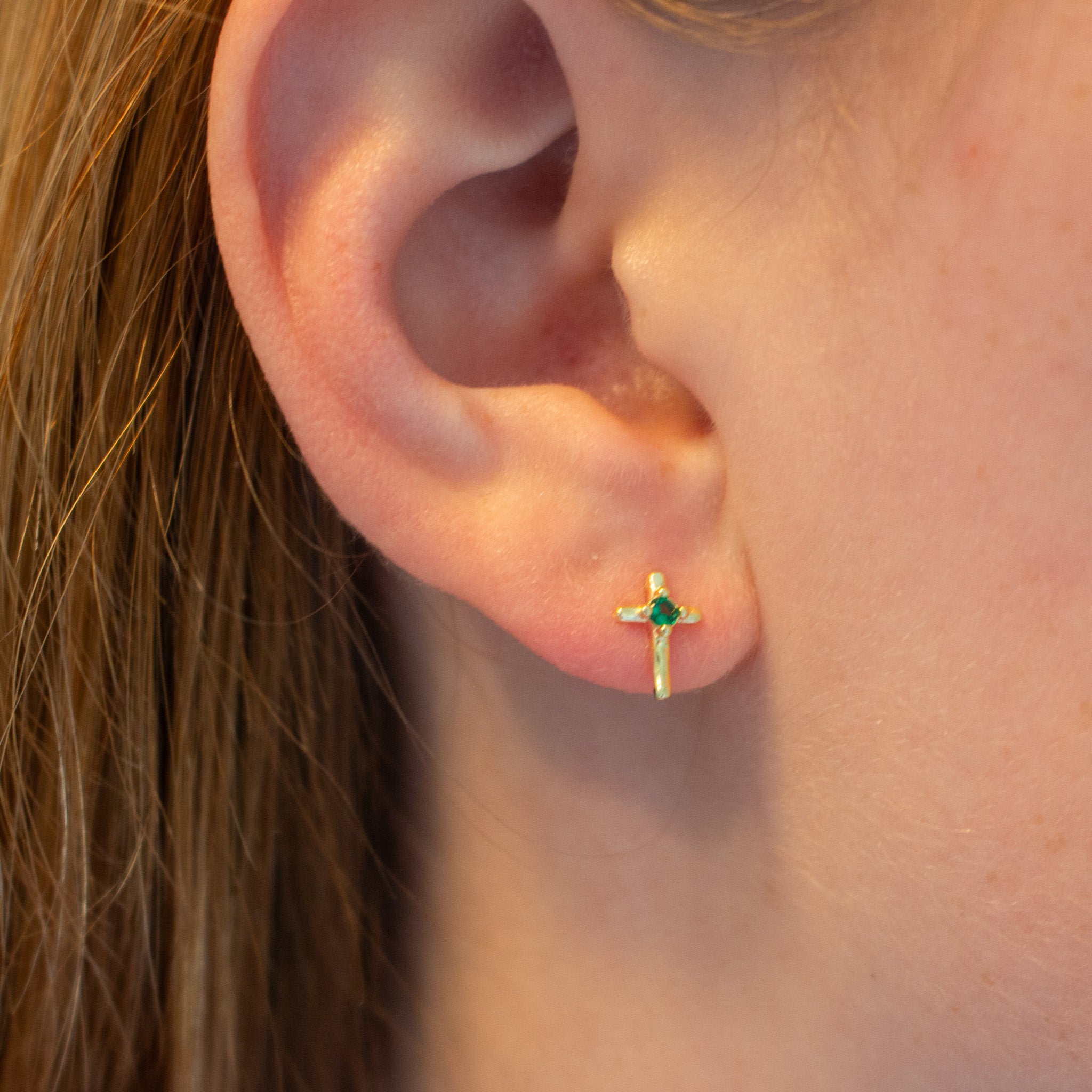 Emerald Cz Thin Cross Studs