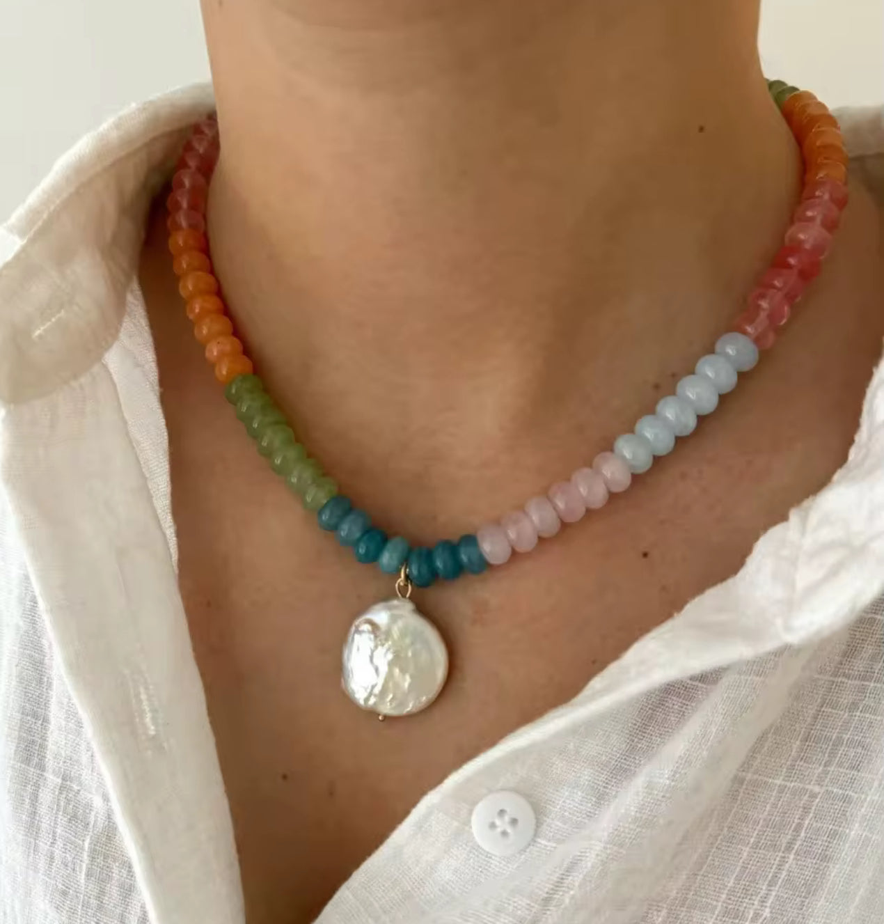 Multi Colorful + Mother of Pearl Beaded Necklace