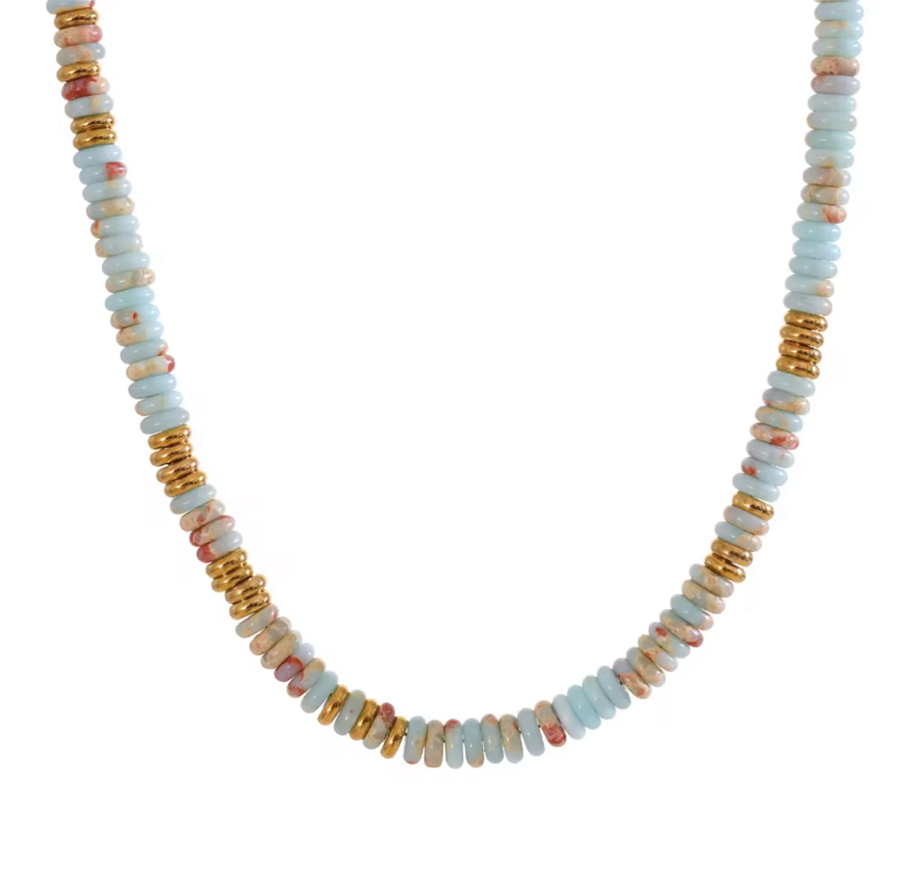 Light blue and hints of red Beaded Necklace