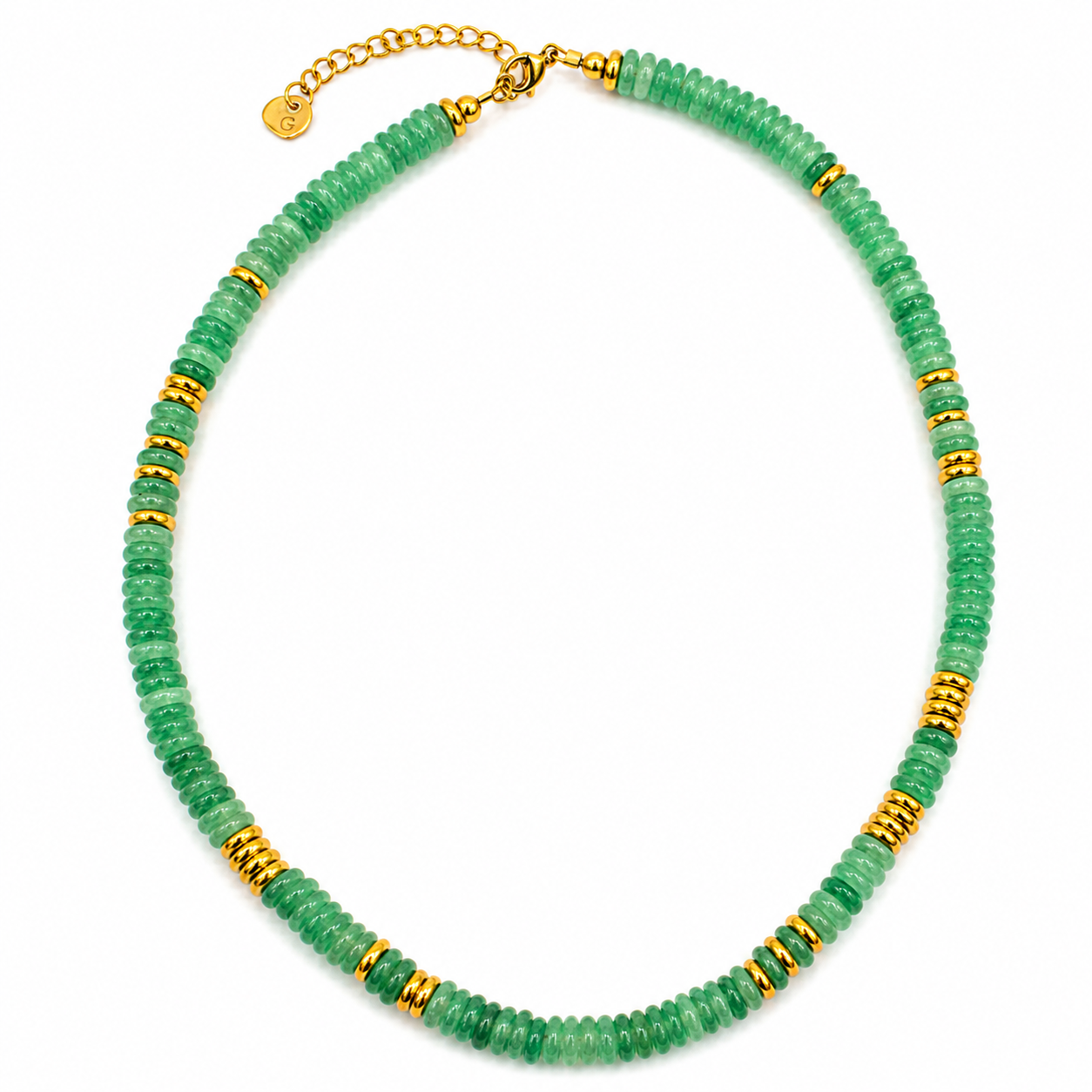 A beaded necklace featuring faceted green gemstone beads separated by small gold spacer rings, with a gold chain extender and clasp