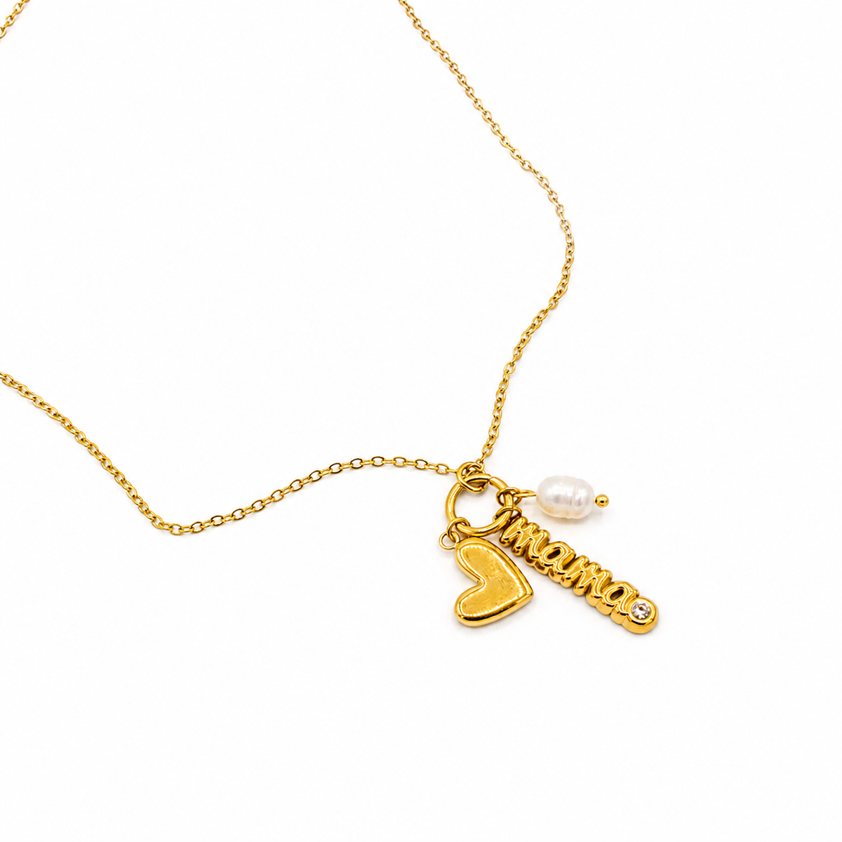 A delicate gold chain necklace featuring a heart-shaped charm, a personalized name charm in script, and a small white pearl bead with a tiny clear stone accent