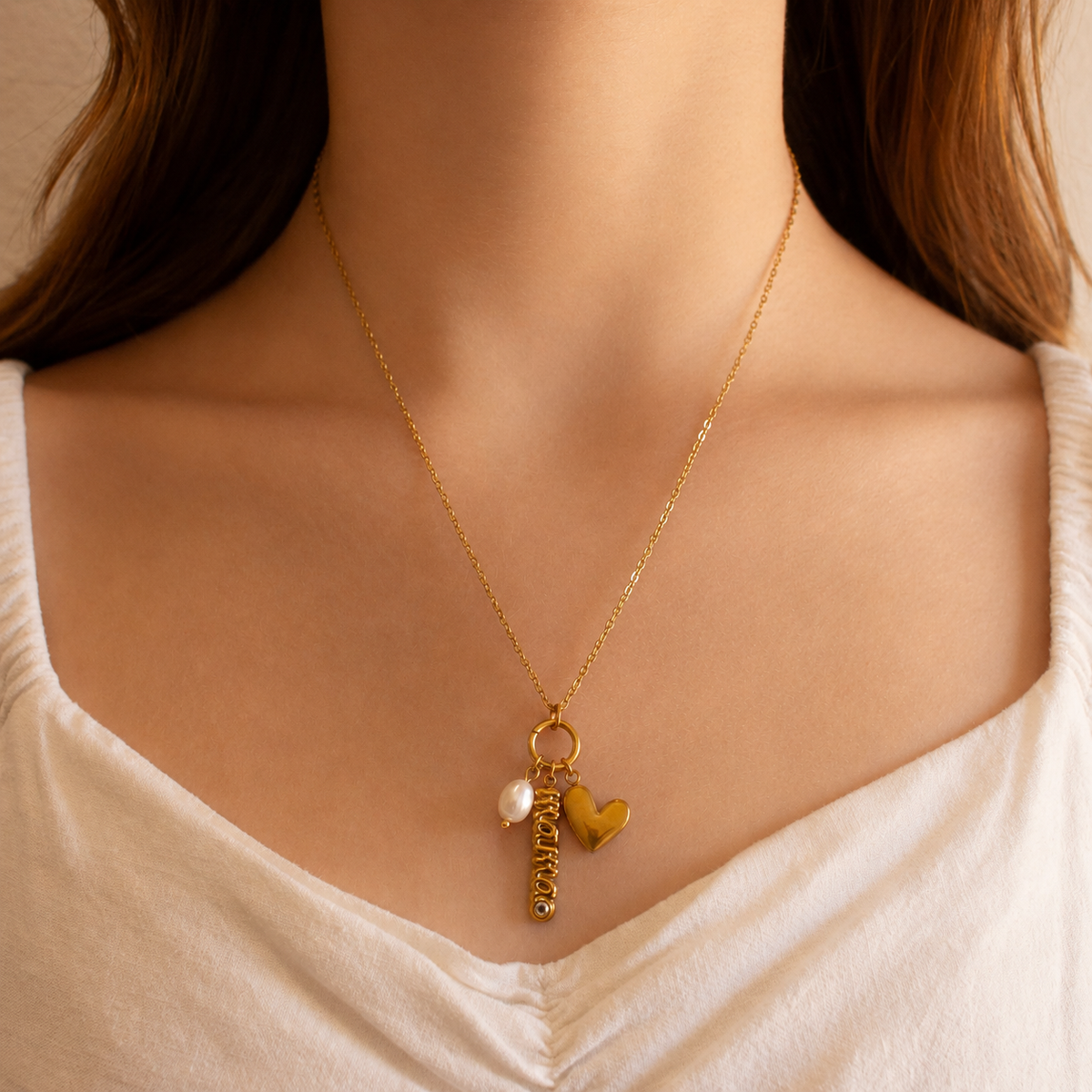 Mama, Heart, and Pearl Charm Necklace