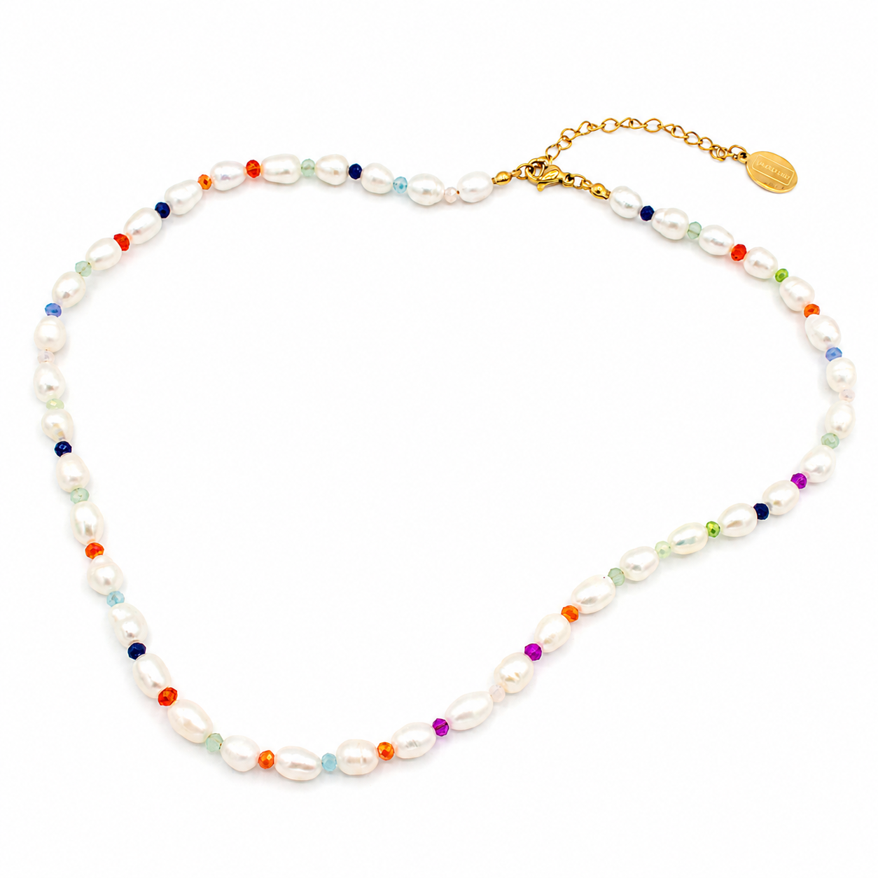 A beaded necklace featuring white baroque pearls separated by small multicolored beads, finished with a gold clasp and extender chain with a round tag