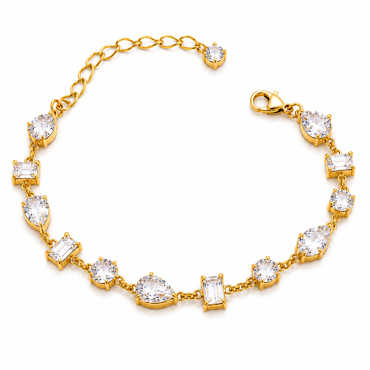 A gold bracelet featuring multiple clear gemstones in pear, baguette, and round settings