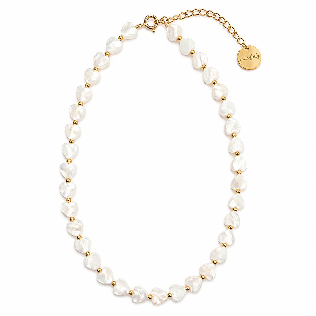 A gold chain necklace featuring irregular white freshwater pearls separated by small gold beads, with a gold clasp and an adjustable chain extender displaying a round gold brand tag.