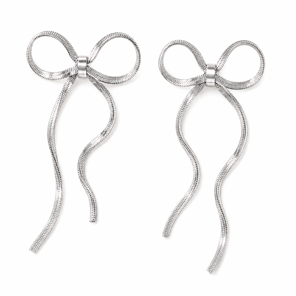Herringbone Bow Dangle Earrings- silver