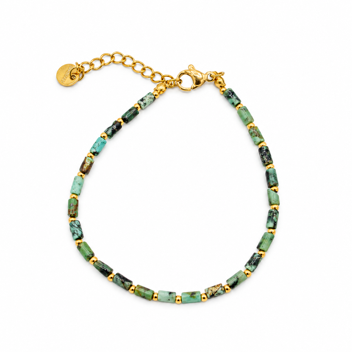A beaded bracelet featuring rectangular green and black marbled stone beads separated by small gold spacers, with a gold lobster clasp and extension chain turquoise 