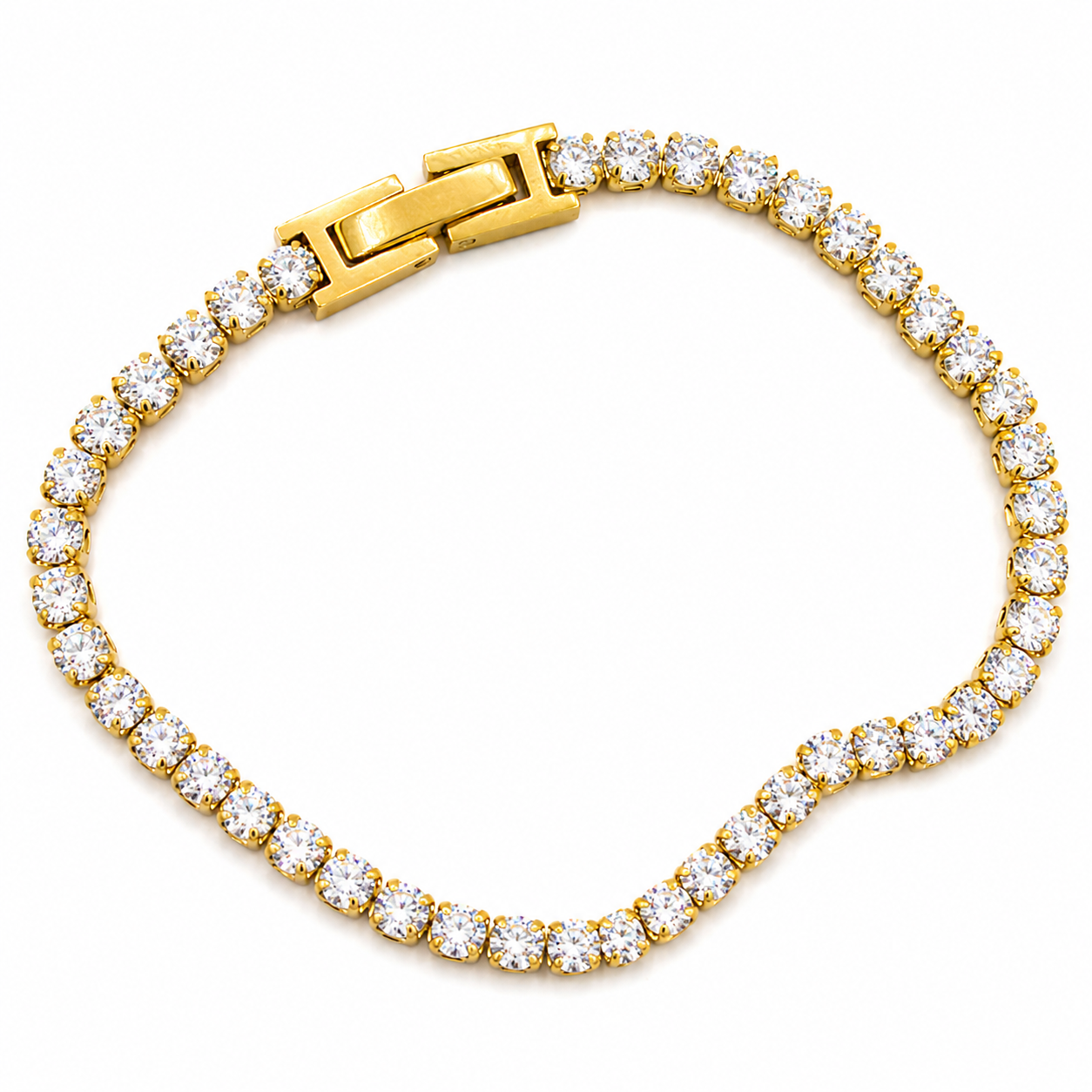 A yellow gold tennis bracelet paved with round clear stones, featuring a matching gold clasp