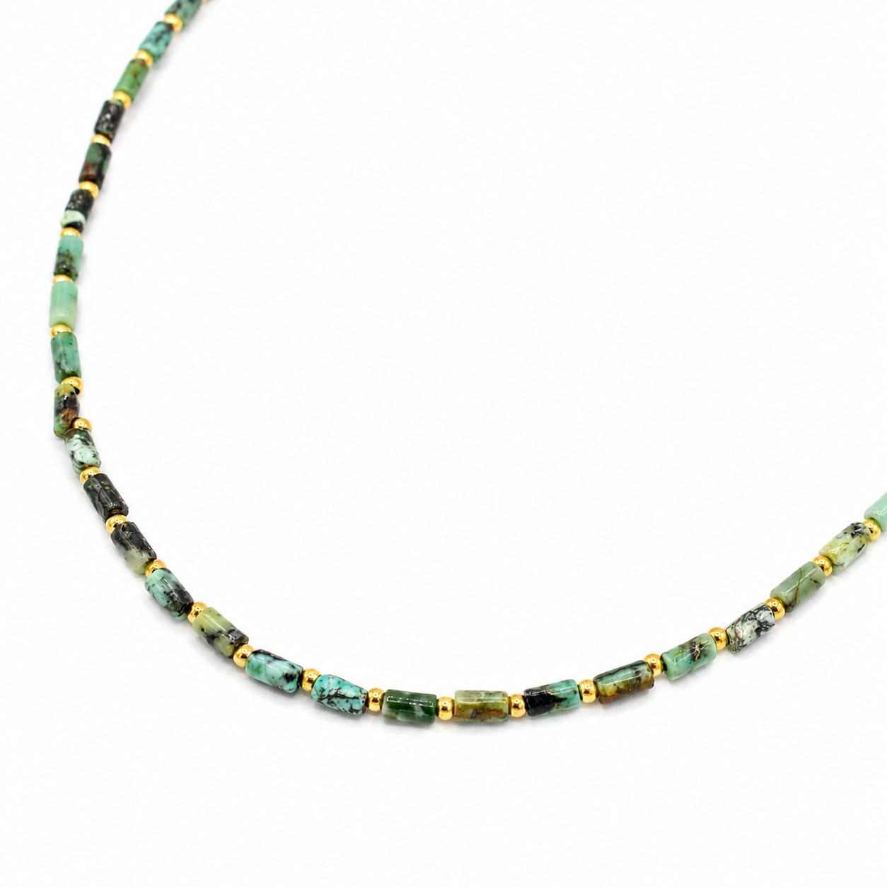 A beaded necklace featuring textured green and turquoise stone beads separated by small gold spacer beads